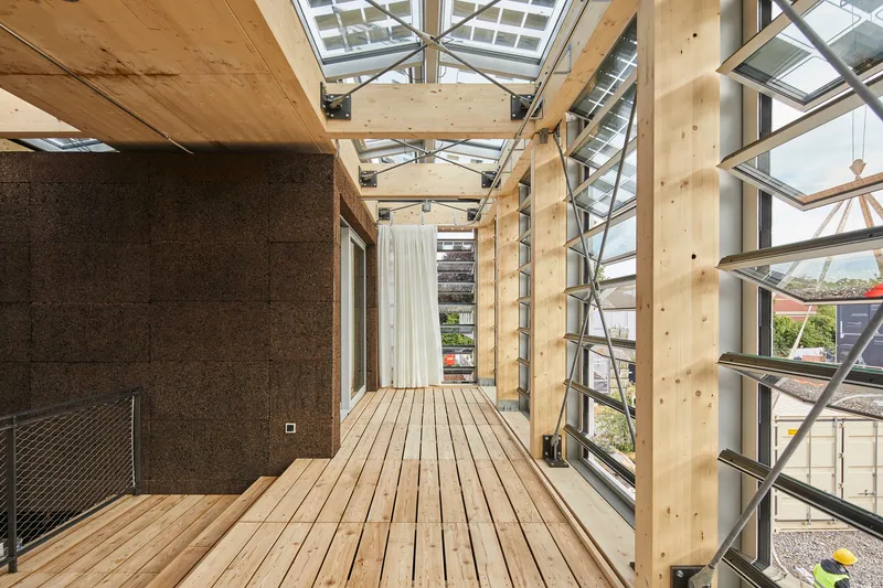 Timber-framed gallery with decking and cork wall under a glazed sawtooth roof