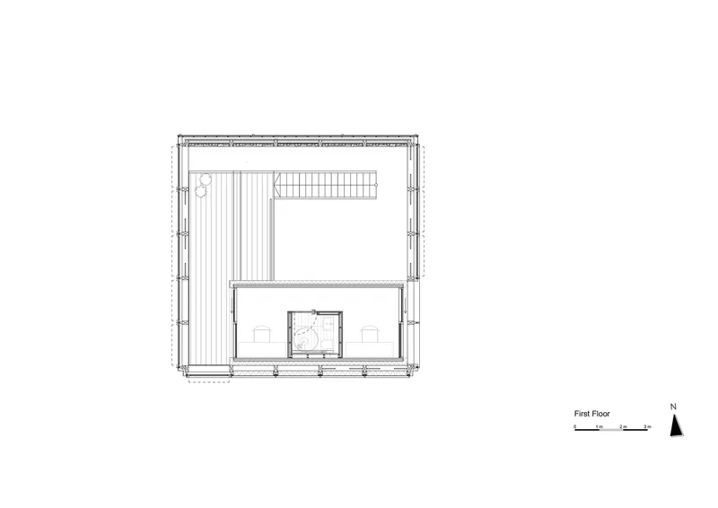 First floor plan drawing depicting upper level with sleeping area and storage zones