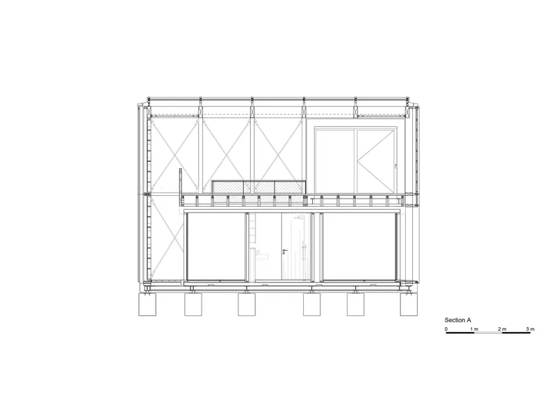 Section drawing showing two-story timber frame structure with diagonal bracing and raised floor on concrete piers