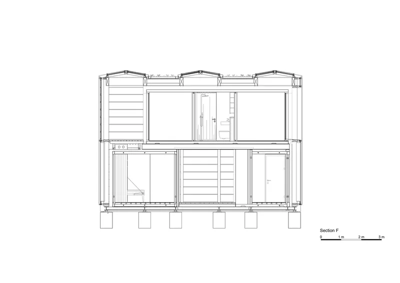 Section drawing depicting central staircase between rooms with curved vault roof forms above timber structure
