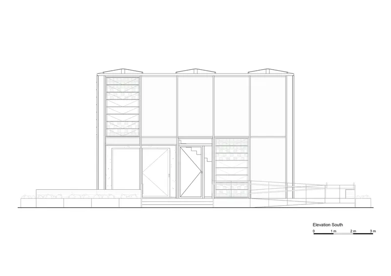 South elevation drawing featuring central double doors flanked by louvered sections under three curved vault roofs