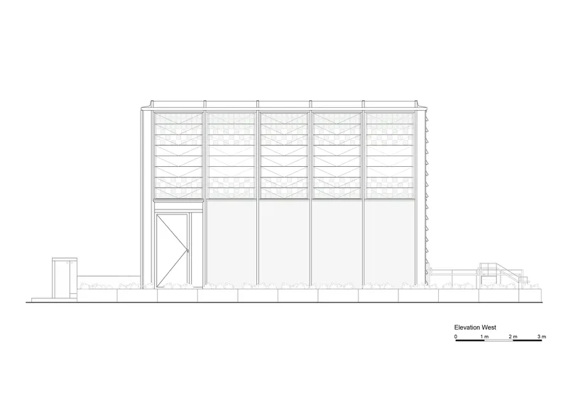 West elevation drawing displaying horizontal louvered upper panels above solid lower walls with adjacent small structures