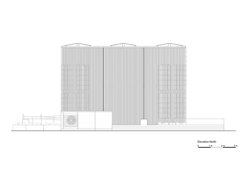 North elevation drawing showing four barrel-vaulted volumes clad in vertical corrugated metal panels