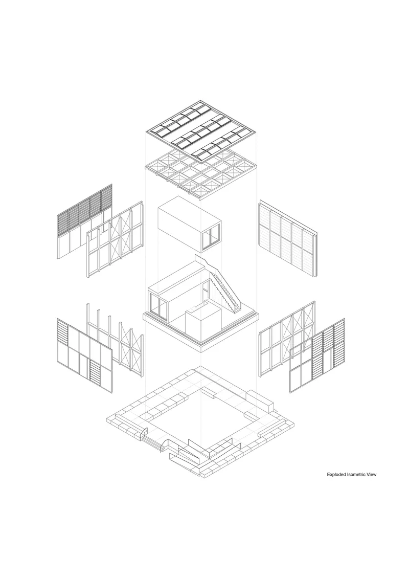 Exploded isometric drawing illustrating the layered assembly of roof, walls, and floor components
