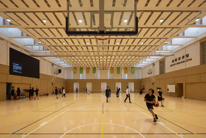 Basketball court with timber slatted ceiling and colored panel accents as players practice on hardwood floor