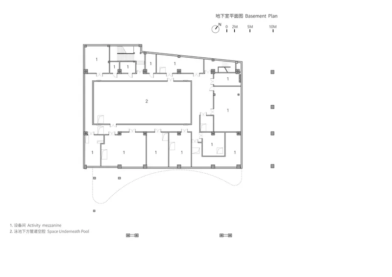 Basement plan drawing showing a central pool surrounded by service rooms and activity spaces