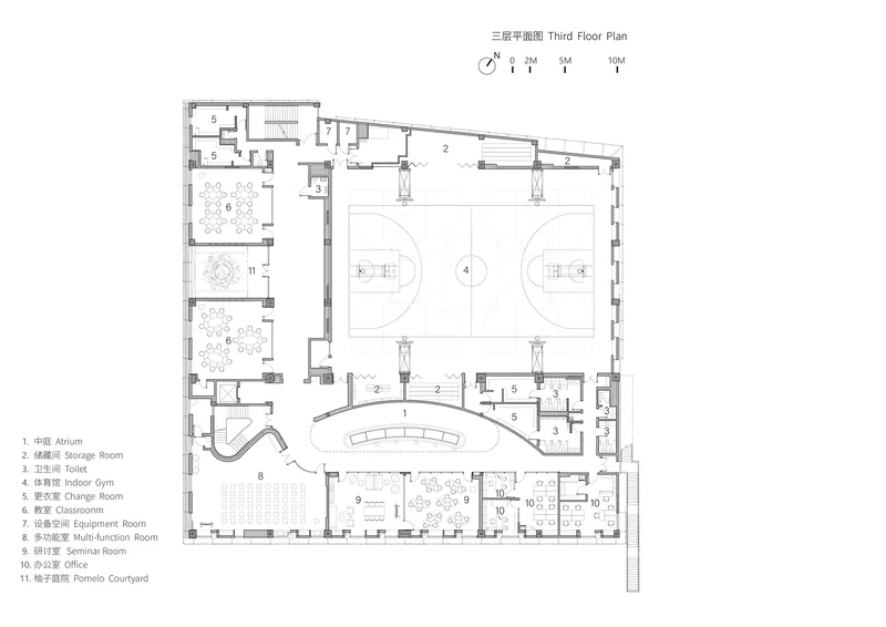 Third floor plan featuring full basketball court, atrium, and classroom spaces with curved circulation