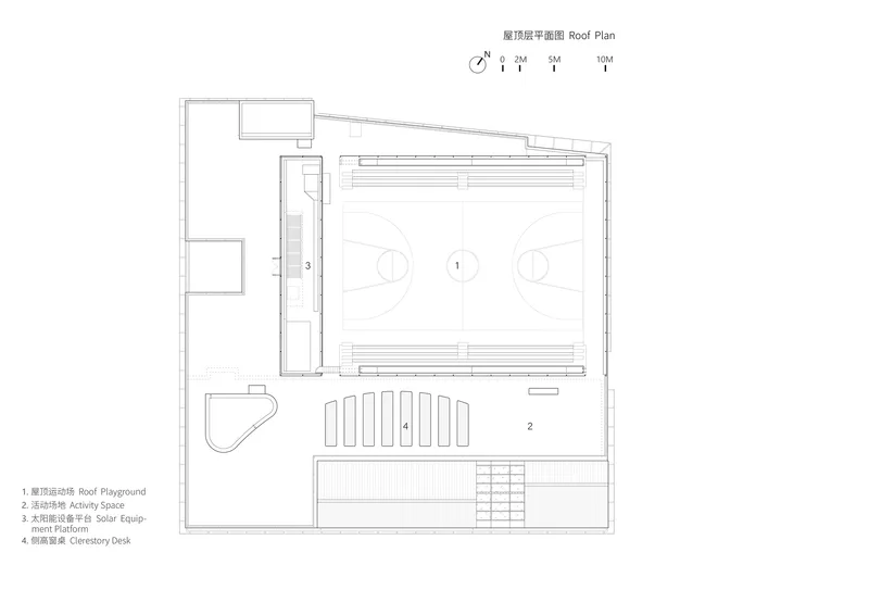 Roof plan showing basketball court, playground, solar equipment platform, and ceremonial deck
