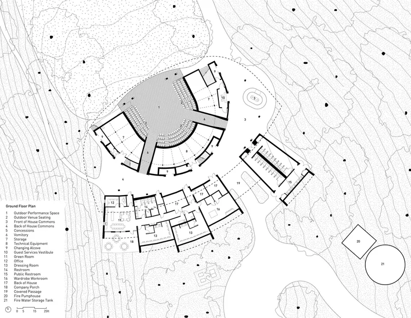 Ground floor plan drawing showing curved seating area and adjacent rectilinear program spaces with topography