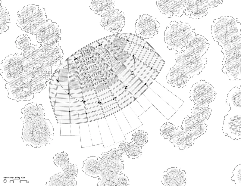 Reflective ceiling plan showing the curved structural ribs and panel layout of the dome roof