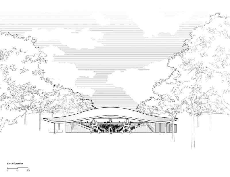 North elevation drawing of the low-profile curved roof with exposed structural supports beneath cloudy skies