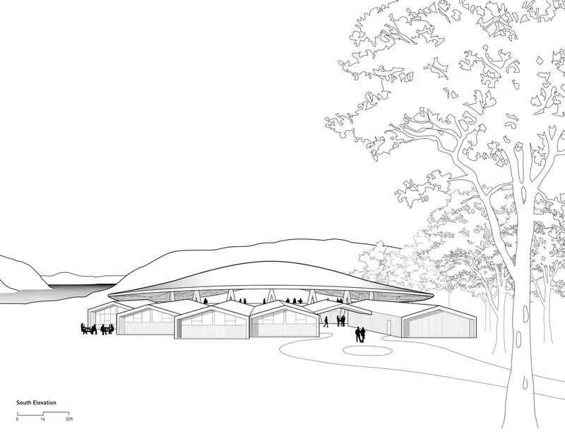 South elevation drawing showing the undulating roof over gabled support structures with mountain backdrop and eucalyptus tree