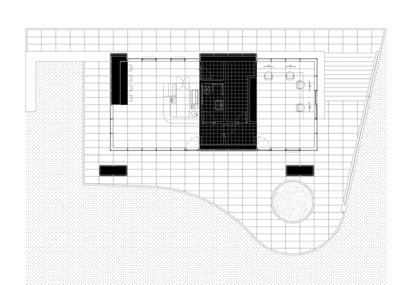 Floor plan drawing depicting the rectangular footprint with central service cores and curved entry terrace