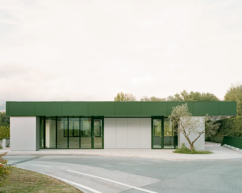 Street view of the green metal canopy and white panel facade with a circular planter and olive tree