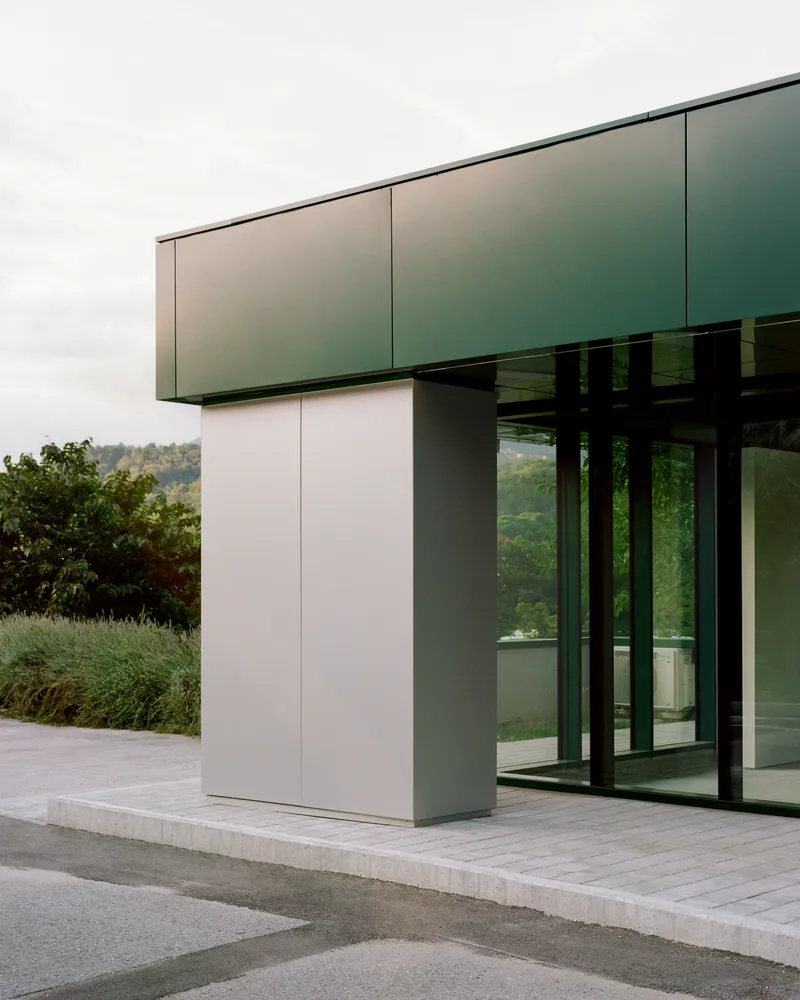 Corner detail of green metal canopy overhanging glass doors with hillside vegetation in background
