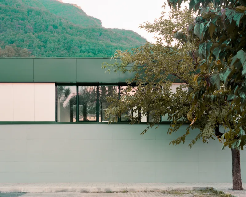 Street view of the mint green and pink paneled facade with deciduous trees against a mountainous backdrop
