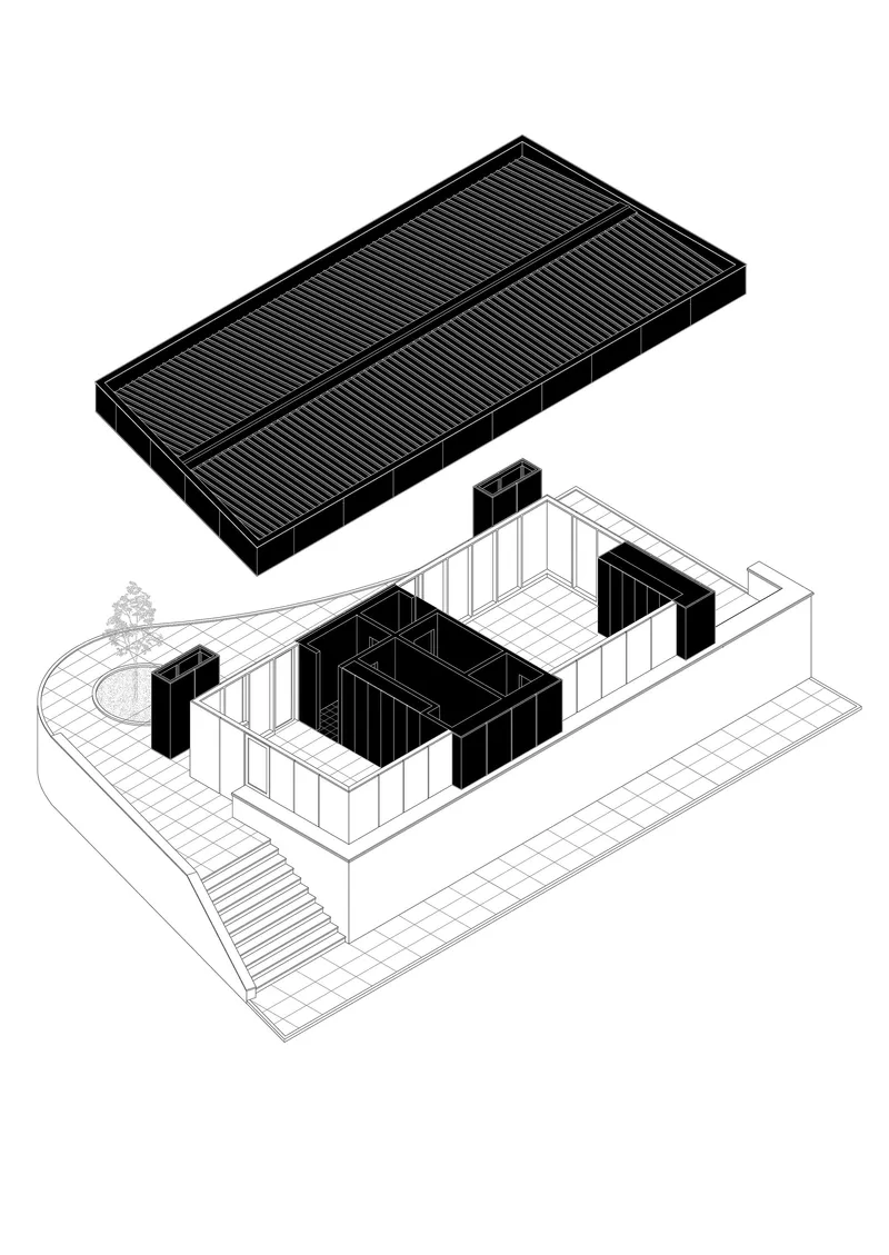 Axonometric drawing showing the rectilinear volume with louvered roof element and interior black cores