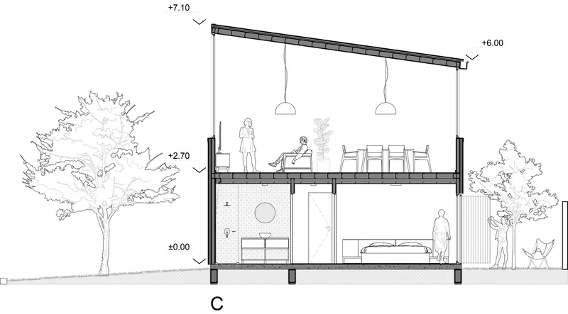 Section drawing showing two-story residence with sloped roof and trees flanking both sides