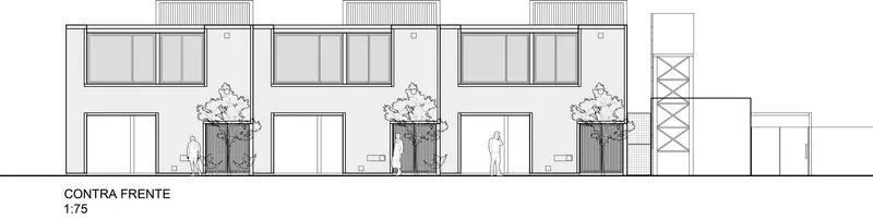 Elevation drawing showing three identical bays with upper windows and courtyard planters at ground level