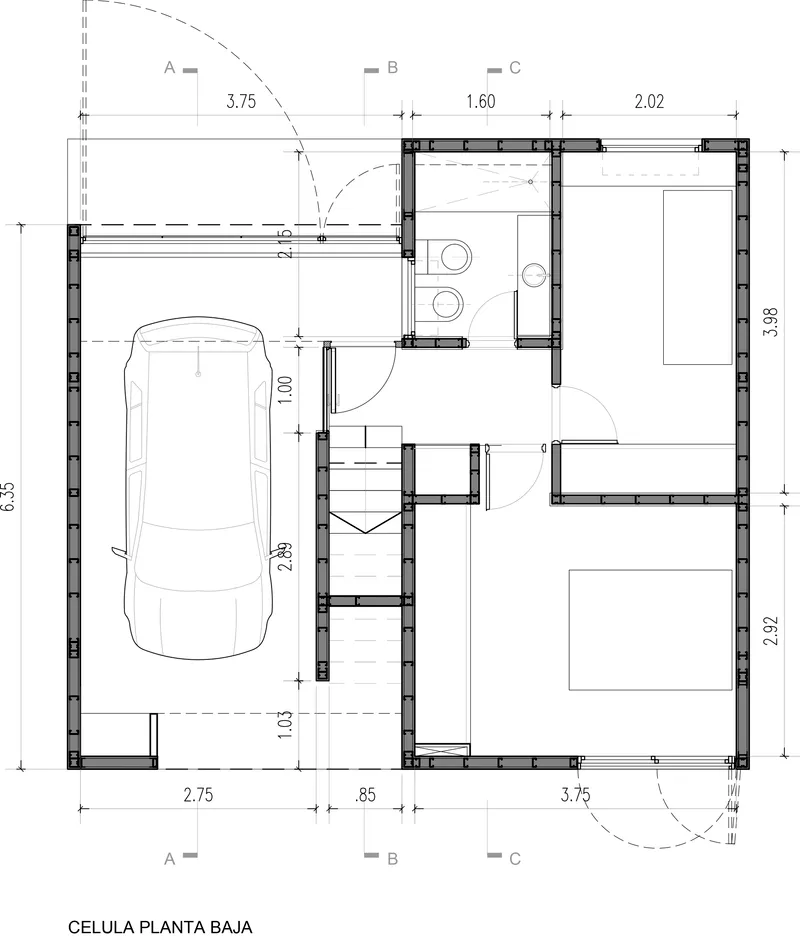 Ground floor plan drawing showing a compact dwelling unit with carport and bathroom