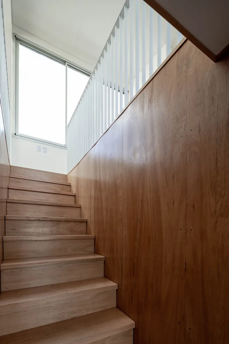 Timber staircase with vertical slatted screen and high clerestory window filtering natural light