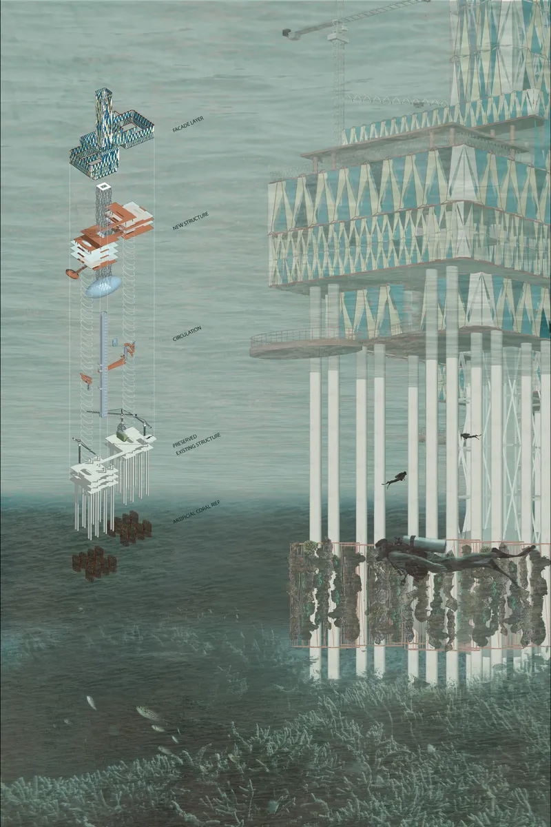 Layered breakdown of the oil rig transformation, integrating research facilities, circulation systems, and artificial coral reef structures.