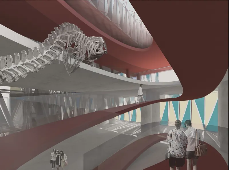 Dynamic exhibition space featuring sculptural circulation paths, marine displays, and immersive educational environments.