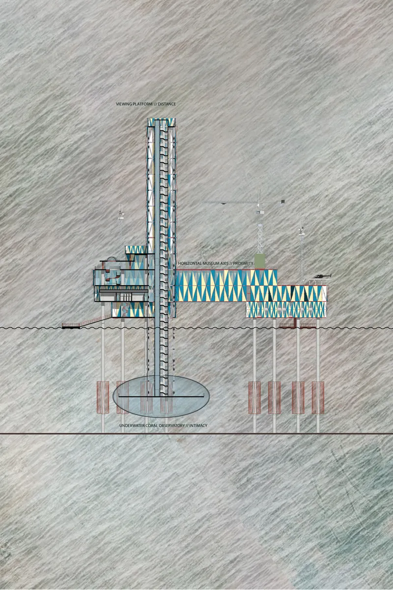 Architectural section revealing the viewing tower, museum axis, and underwater coral observatory connecting sky and sea.