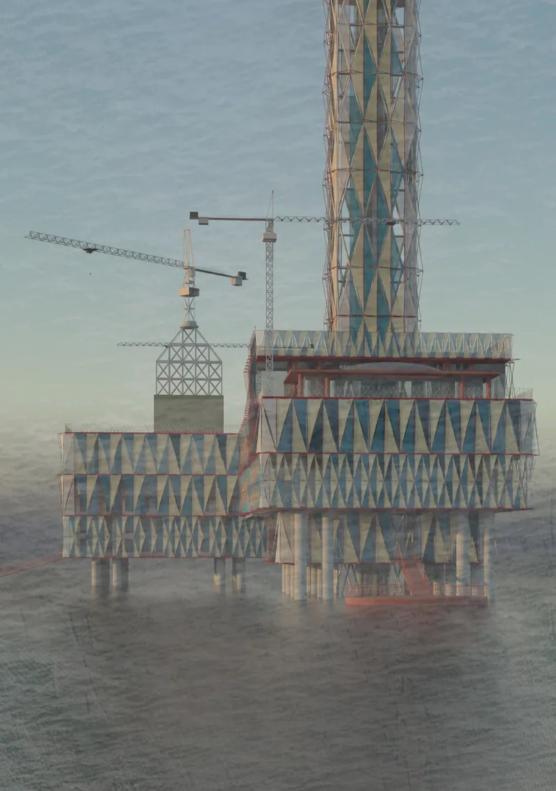 Perspective view of the repurposed Adriatic oil rig transformed into a marine biology museum and research center.