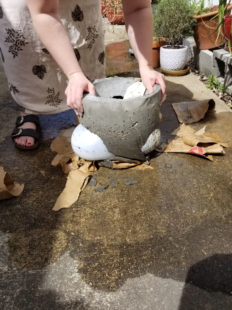 Hands positioning a concrete planter mold on a patio surrounded by potted plants and cardboard