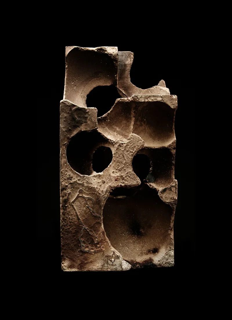 Cross-section of a perforated ceramic block with circular and irregular voids against black