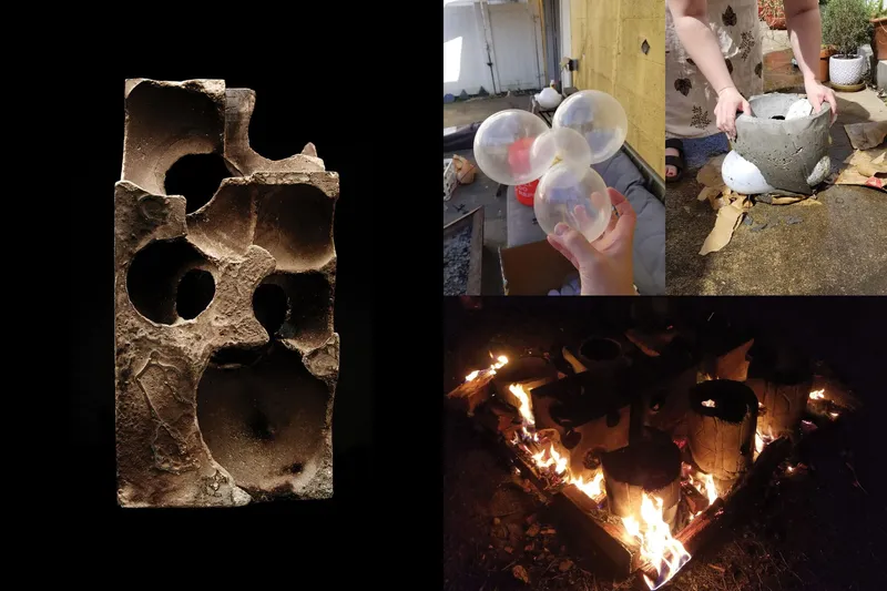 Four-panel sequence showing concrete block construction, balloon forming, demolding, and wood burning process