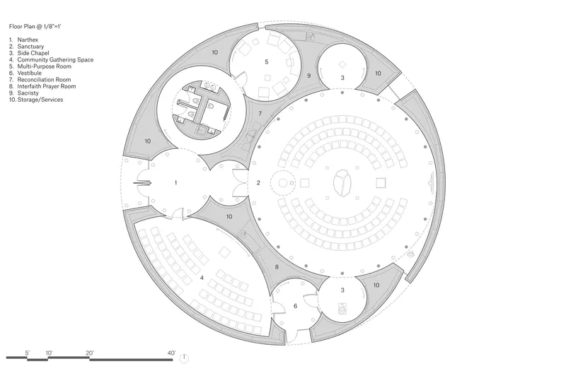 Floor plan drawing of a circular building with radiating chambers around a central sanctuary space