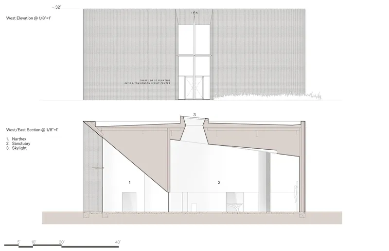 West elevation and section drawings showing the vertical ribbed facade and interior spatial volumes