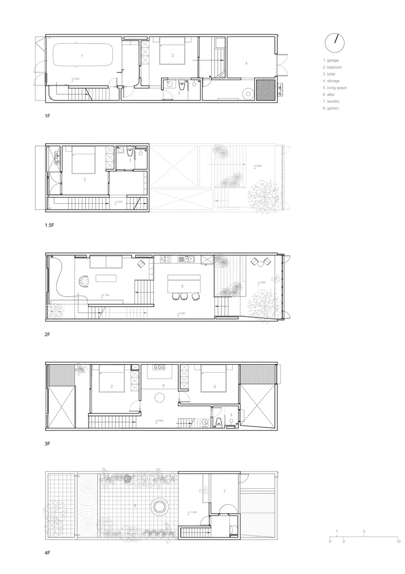 Floor plan drawing showing five stacked levels with living spaces, bedrooms, and rooftop terraces with planting