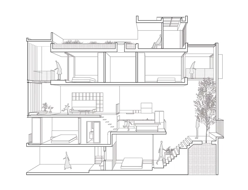 Section drawing showing split-level interior volumes with stairs, rooftop gardens, and figures indicating scale