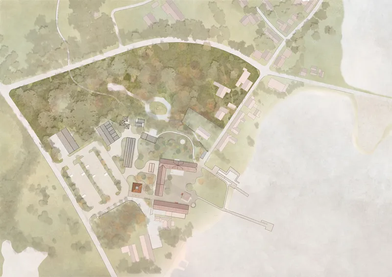 Site plan drawing showing building cluster with pathways, trees, and surrounding landscape in watercolor rendering