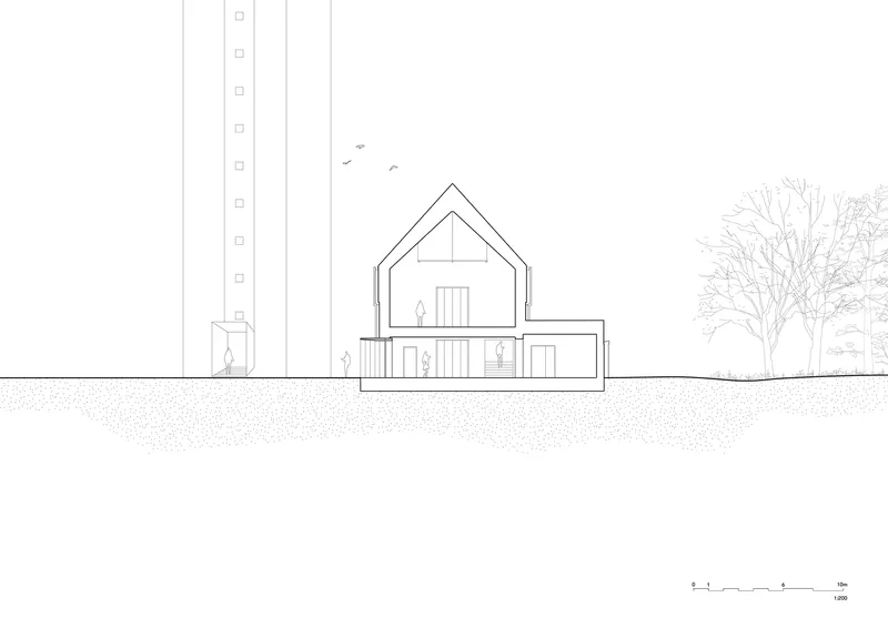 Elevation drawing showing a gabled house form with an adjacent tower and trees