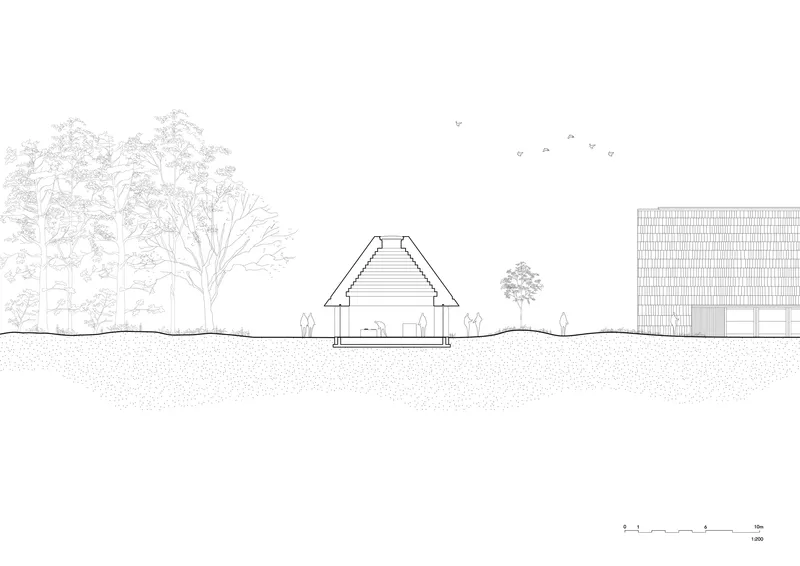 Elevation drawing showing a pavilion with pitched roof between trees and birds overhead