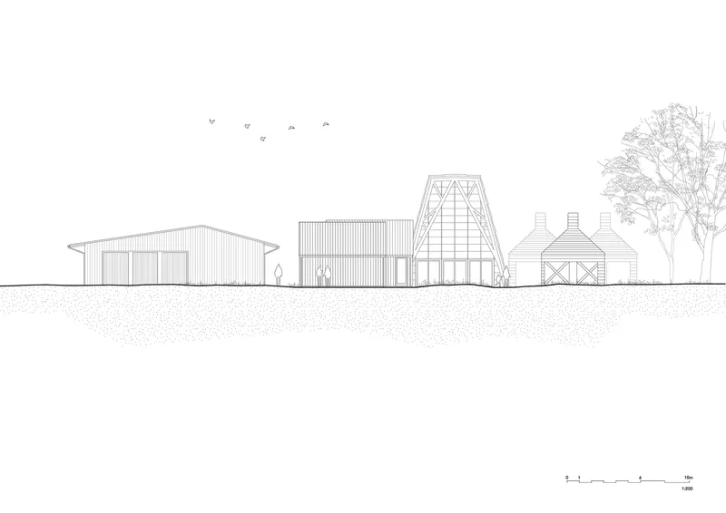 Elevation drawing showing a cluster of gabled volumes including a glazed tower structure