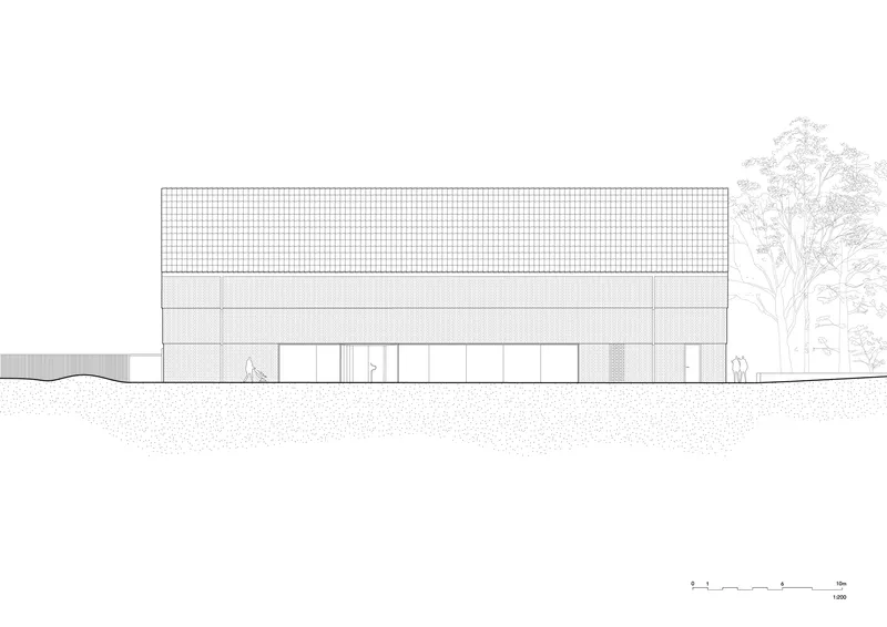 Elevation drawing showing a two-storey rectangular volume with gridded upper facade and adjacent tree