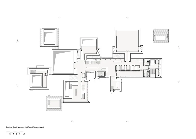 Floor plan drawing showing multiple pavilion volumes with stepped roof sections indicated