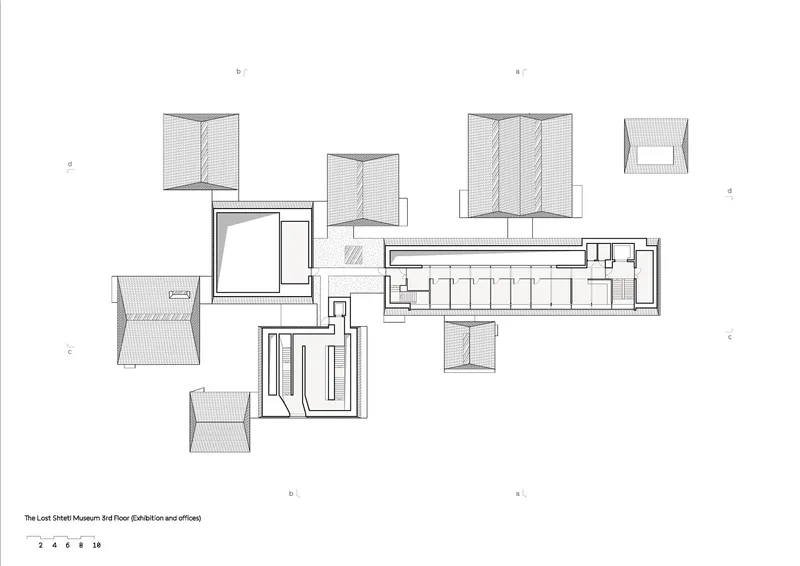 Floor plan drawing showing pavilion roofs and office spaces with hatched roof indications