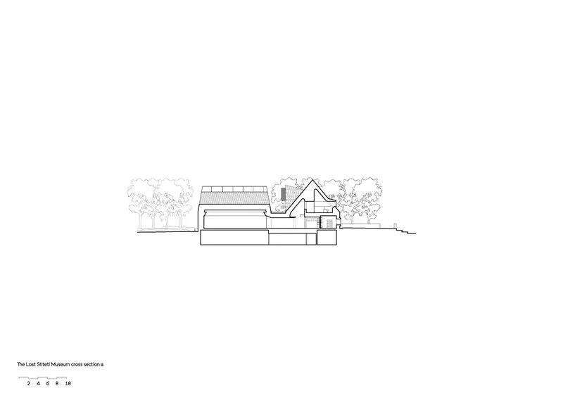 Cross section drawing showing stepped volumes with flat and pitched roofs among surrounding trees