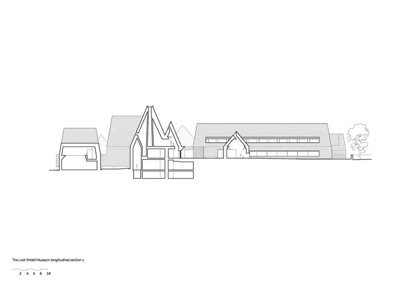 Longitudinal section drawing illustrating a series of gabled forms and low pavilions with a single tree