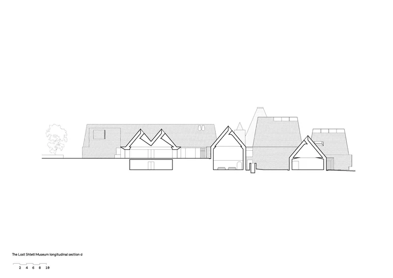 Longitudinal section drawing showing clustered gabled volumes with varied roof heights and one tree outline