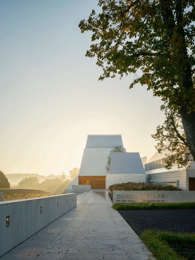Concrete entry path leading toward white folded volumes beneath overhanging tree branches at sunrise