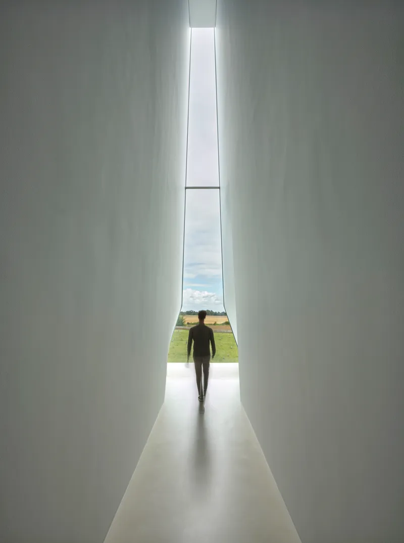 Tall vertical window slot framing a silhouetted figure walking toward countryside beyond white walls