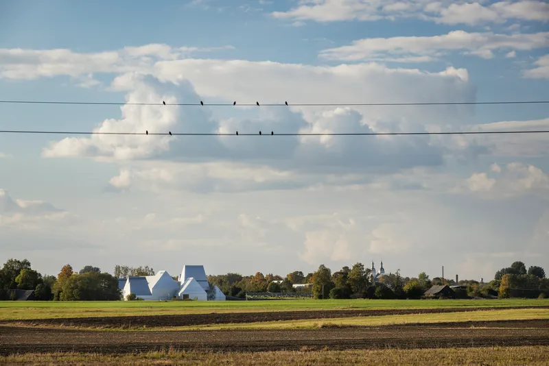 Distant view of the white clustered volumes across ploughed fields with birds on a wire