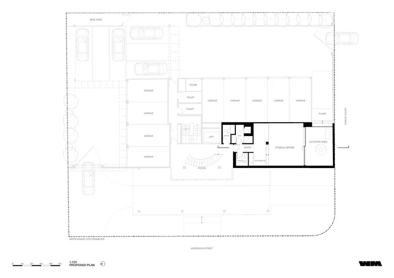 Proposed floor plan showing garage spaces and fitness center with outdoor area at ground level